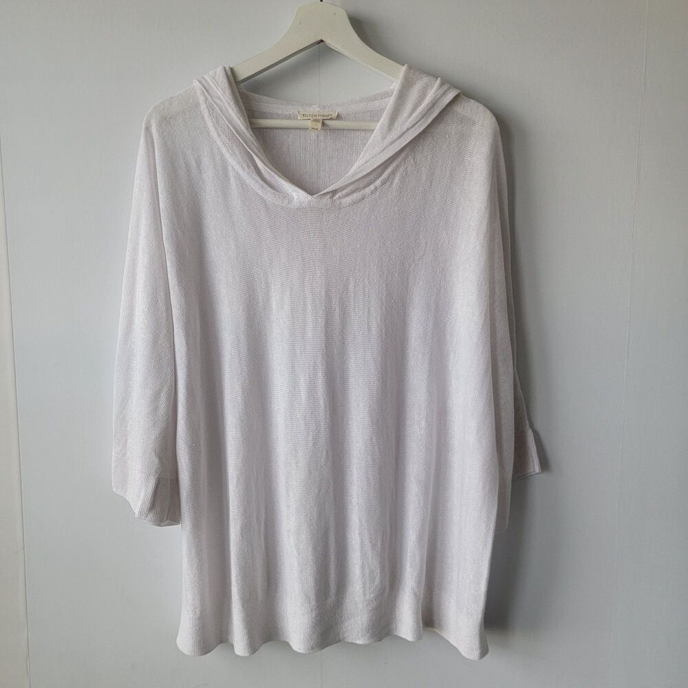 Eileen Fisher women's 100% linen sweater sz M 3/4 sleeve hooded boxy lightweight